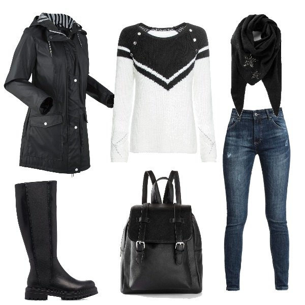 Outfit donna - Scende la pioggia..... Stile Basic per Tutti i giorni. Abbinamento con maglieria, foulard, blazer, zaini, jeans, stivali.