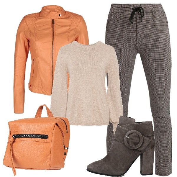 Outfit donna - Micro pied de poule. Stile Trendy per Tutti i giorni. Abbinamento con stivaletti, zaini, maglieria, pantaloni, giacche.