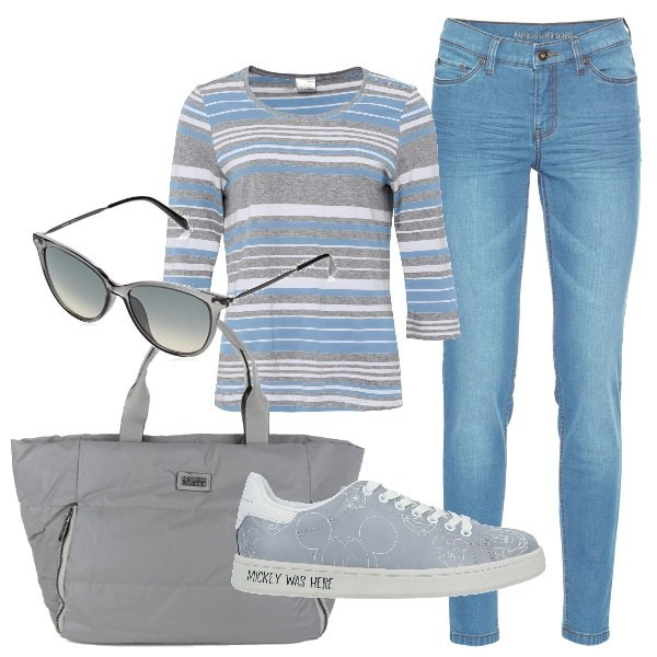Outfit donna - La mezza stagione in grigio e azzurro. Stile Basic per Tutti i giorni. Abbinamento con jeans skinny, maglieria, sneakers, borse a mano, occhiali da sole.