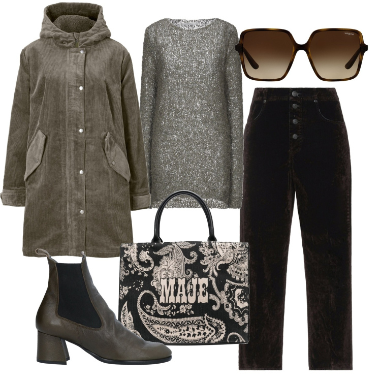 Outfit donna - La spesa al mercatino. Stile Casual per Tutti i giorni. Abbinamento con parka, pullovers, pantaloni, stivaletti, borse tote, occhiali da sole.