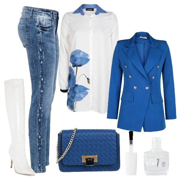 Outfit donna - Un blazer doppiopetto. Stile Trendy per Serata fuori. Abbinamento con jeans skinny, borse a tracolla, camicie, blazer, stivali, smalti.