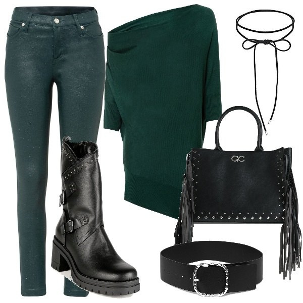 Outfit donna - Rock in verde. Stile Rock per Serata fuori. Abbinamento con borse a mano, blazer, pantaloni, stivaletti, cinture, collane.