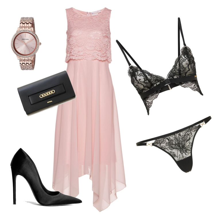 Outfit donna - Serata romantichic. Stile Chic per Serata fuori. look ideale per Petite. Abbinamento con vestiti midi/longuette, pochette, décolleté, reggiseni, perizomi, orologi.