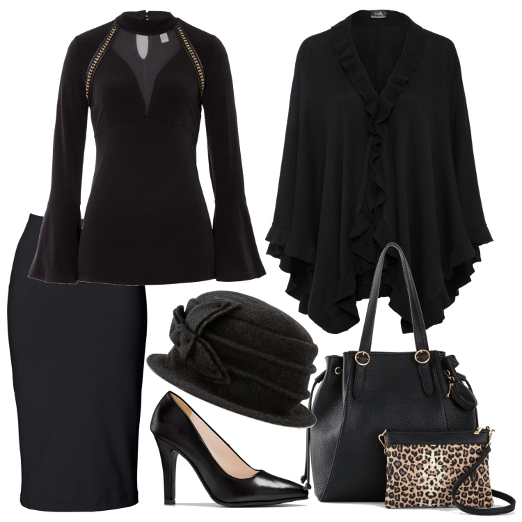 Outfit donna - Total look #1467431. Stile Casual chic per Serata fuori. Abbinamento con gonne longuette, cappotti, maglieria, shopping bag, cappelli, décolleté.