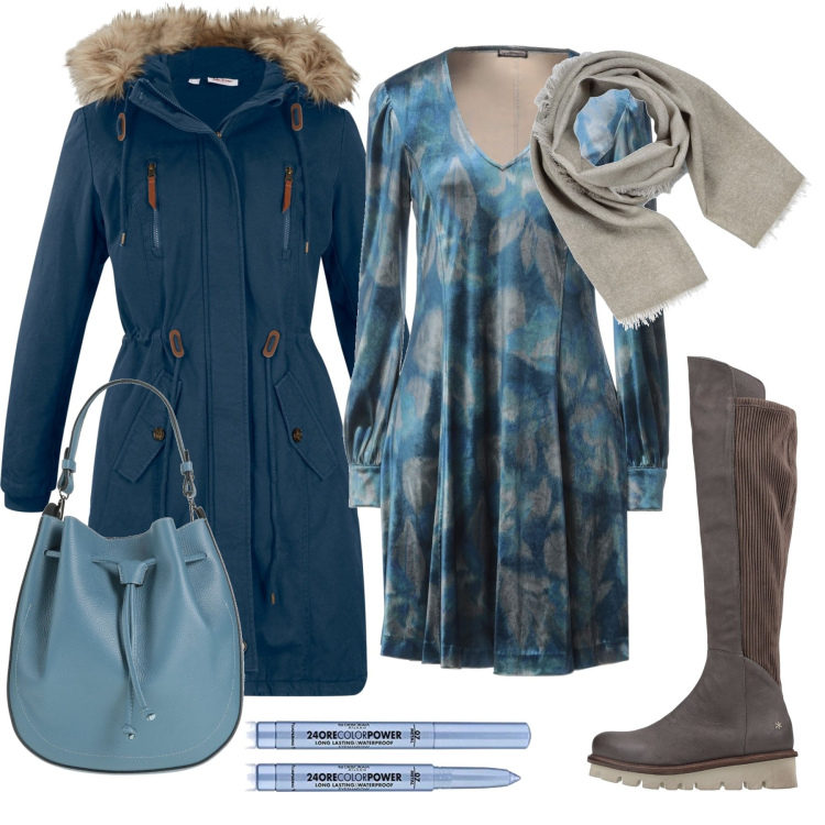 Outfit donna - Serata fra amici. Stile Chic per Serata fuori. Abbinamento con parka, vestiti midi/longuette, stivali, borse a secchiello, sciarpe, ombretti.