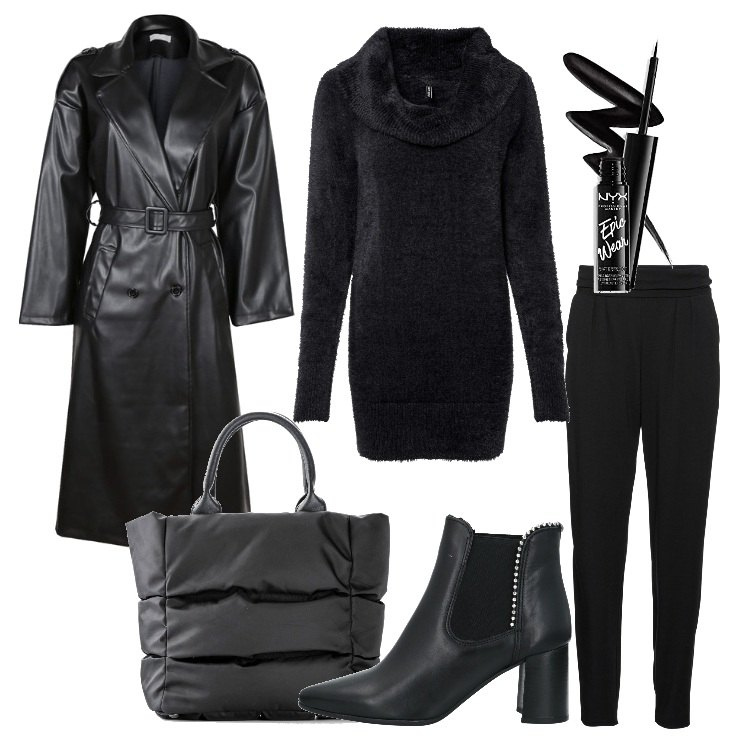 Outfit donna - Tall & Curvy - Total Black. Stile Trendy per Tutti i giorni. look ideale per Tall. Abbinamento con pantaloni, maglieria, borse a mano, stivaletti, trench, mascara.