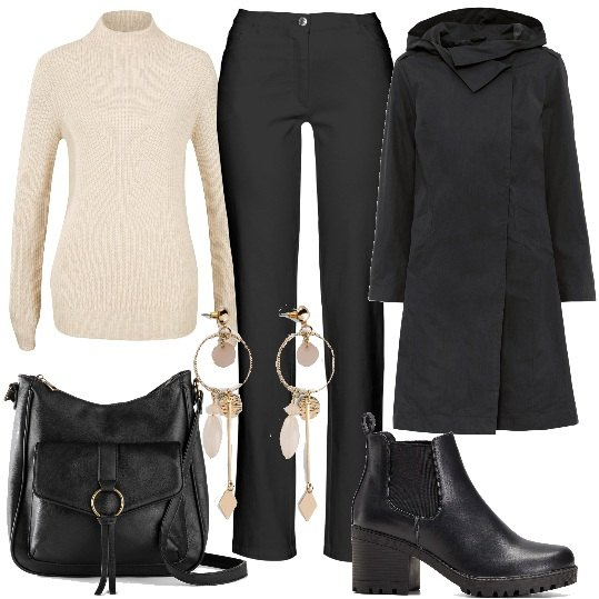 Outfit donna - BonPrix - Black Friday 2022. Stile Casual chic per Tutti i giorni. Abbinamento con pantaloni, stivaletti chelsea, orecchini, trench, maglieria, borse a tracolla.
