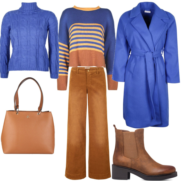 Outfit donna - Azzurro e marrone anni \'70 per te. Stile 70s per Scuola/Università. Abbinamento con pantaloni, pullovers, cappotti, maglieria, borse a spalla, stivaletti.