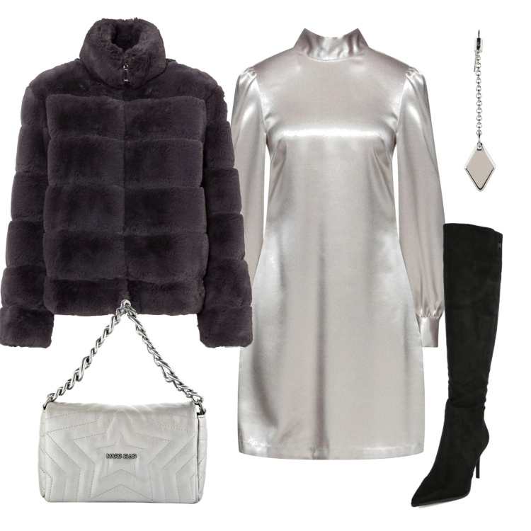Outfit donna - Total look #1467781. Stile Glamour per Serata fuori. Abbinamento con ecopellicce, vestiti corti, orecchini, stivali sopra il ginocchio, borse a tracolla.