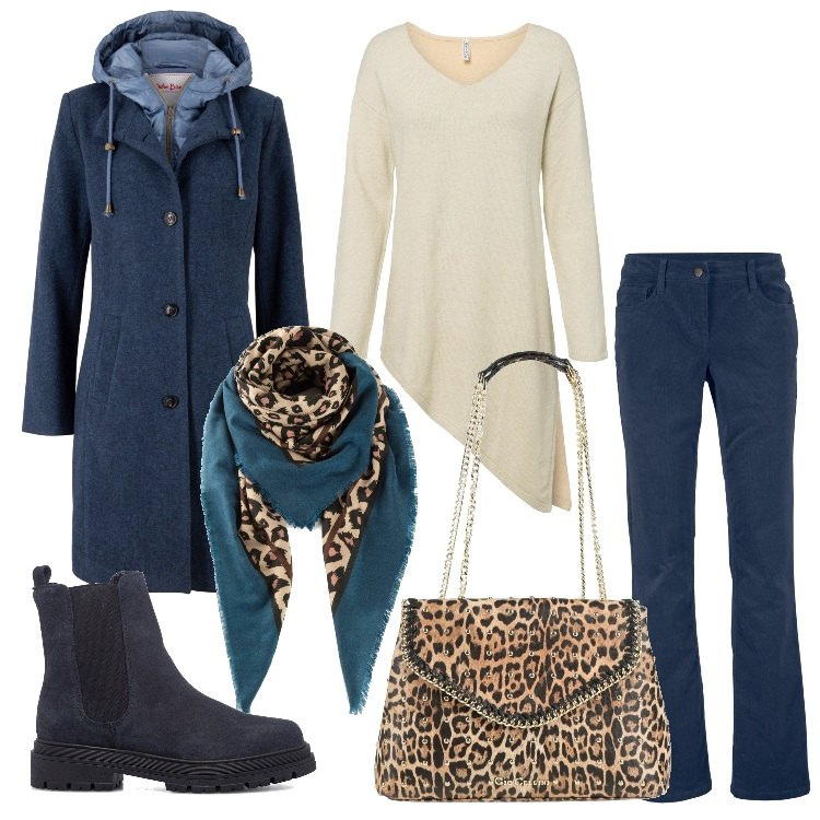 Outfit donna - Tall & Curvy - Focus Donna2. Stile Casual chic per Tutti i giorni. look ideale per Tall. Abbinamento con cappotti, pantaloni, maglieria, foulard, borse a spalla, stivaletti.