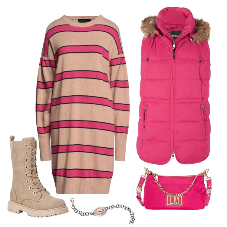 Outfit femme - Robe Pull Rayée fushia. Style Urban pour Tous les jours. Assortir avec gilets sans manche, robes courtes, bottes, sacs à l'épaule, bracelets.