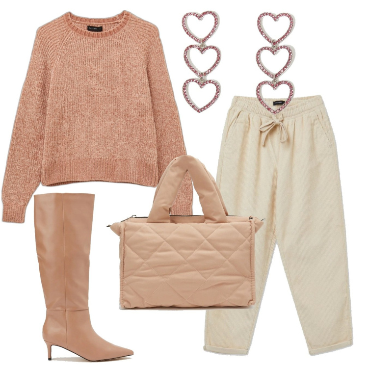 Outfit donna - Velluto + ciniglia. Stile Sporty chic per Tutti i giorni. Abbinamento con maglieria, pantaloni, stivali, borse a mano, orecchini.