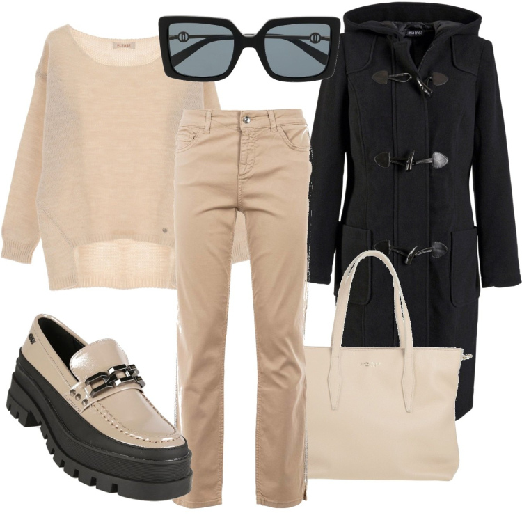 Outfit donna - Semplicemente chic. Stile Casual chic per Ufficio. look ideale per Tall. Abbinamento con montgomery, borse a mano, mocassini, maglieria, jeans, occhiali da sole.