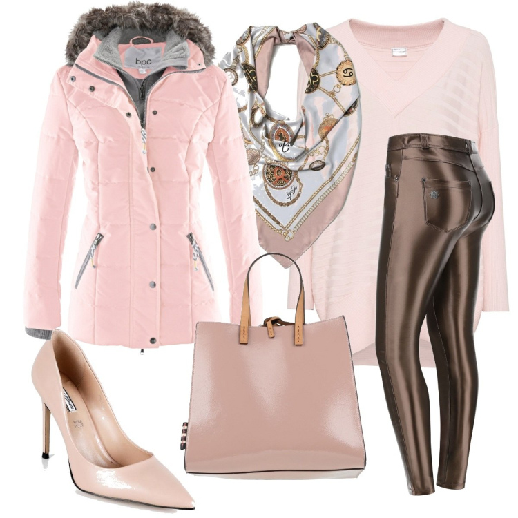 Outfit donna - Osare il rosa in inverno. Stile Sporty chic per Tutti i giorni. Abbinamento con piumini, maglieria, borse a mano, décolleté, foulard, pantaloni skinny.