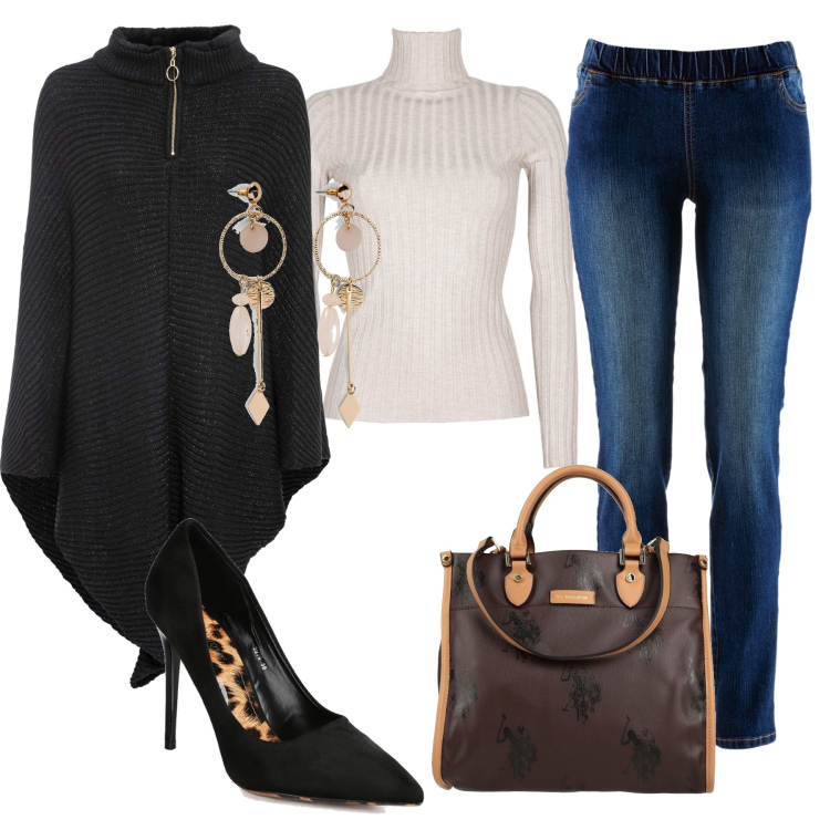 Outfit donna - Black Friday in arrivo. Stile Casual chic per Ufficio. Abbinamento con treggings, orecchini, cappotti, borse a mano, pullovers, décolleté.