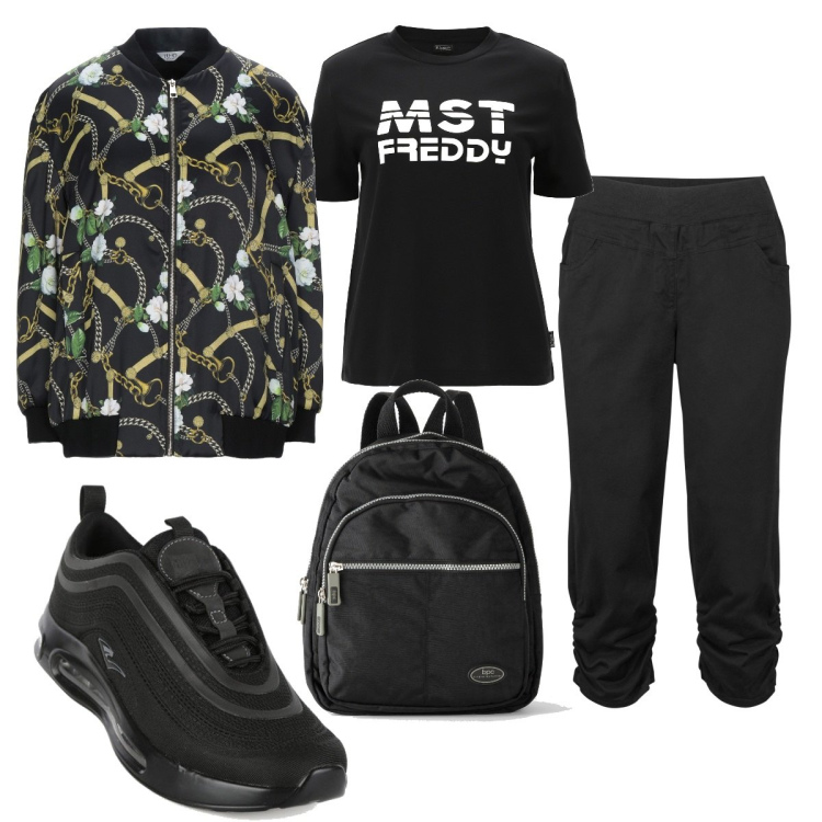 Outfit donna - Total look #1468159. Stile Trendy per Sport. Abbinamento con pantaloni, zaini, giacche, sneakers, t-shirt.