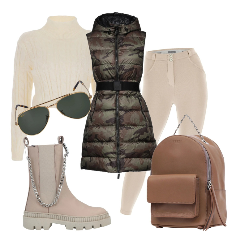 Outfit donna - Una bella passeggiata al parco. Stile Casual per Tutti i giorni. Abbinamento con piumini, zaini, stivaletti, pullovers, pantaloni skinny, occhiali da sole.