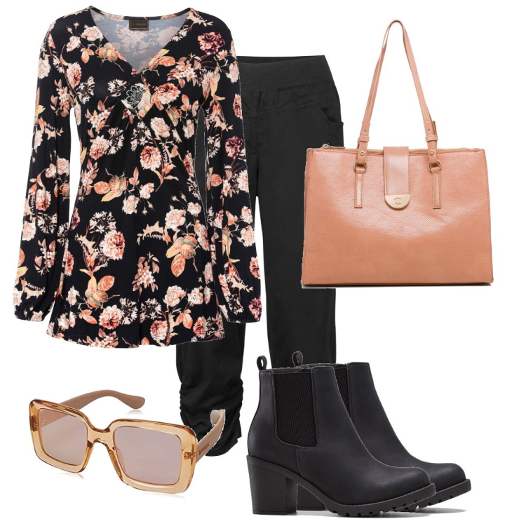 Outfit donna - La blusa che nasconde le curve. Stile Romantica per Tutti i giorni. look ideale per Tall. Abbinamento con stivaletti, pantaloni, maglieria, borse a spalla, occhiali da sole.