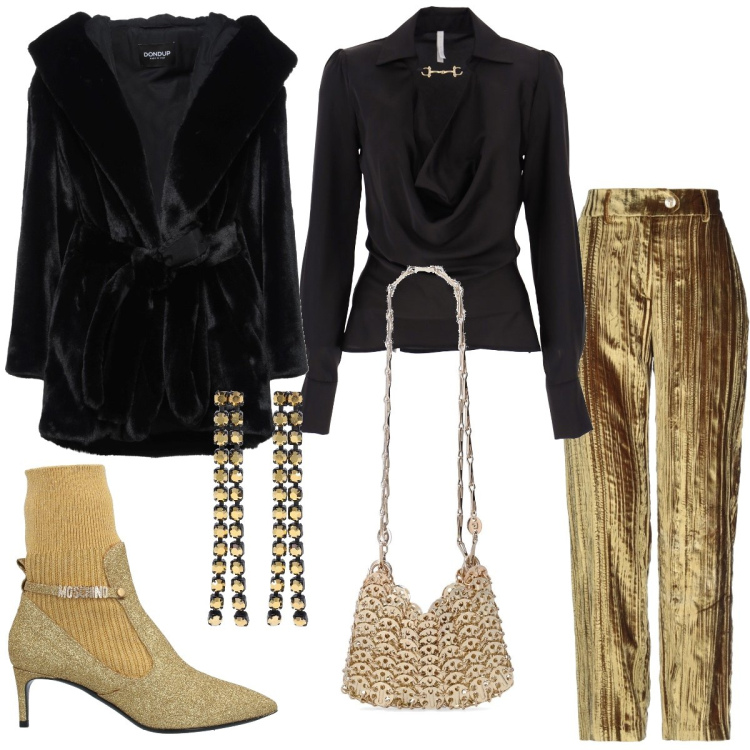 Outfit donna - Oro e nero. Stile Glamour per Serata fuori. Abbinamento con pantaloni, stivaletti, cappotti, camicie, borse a spalla, orecchini.