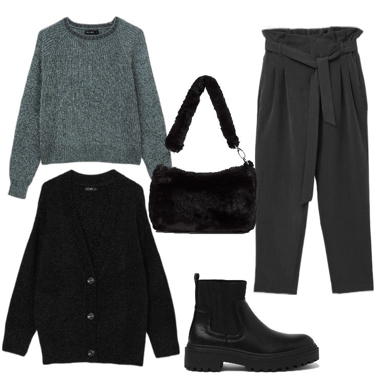 Outfit donna - Colori scuri, tessuti morbidi. Stile Urban per Tutti i giorni. Abbinamento con borse a spalla, pantaloni, maglieria, cardigans, stivali.