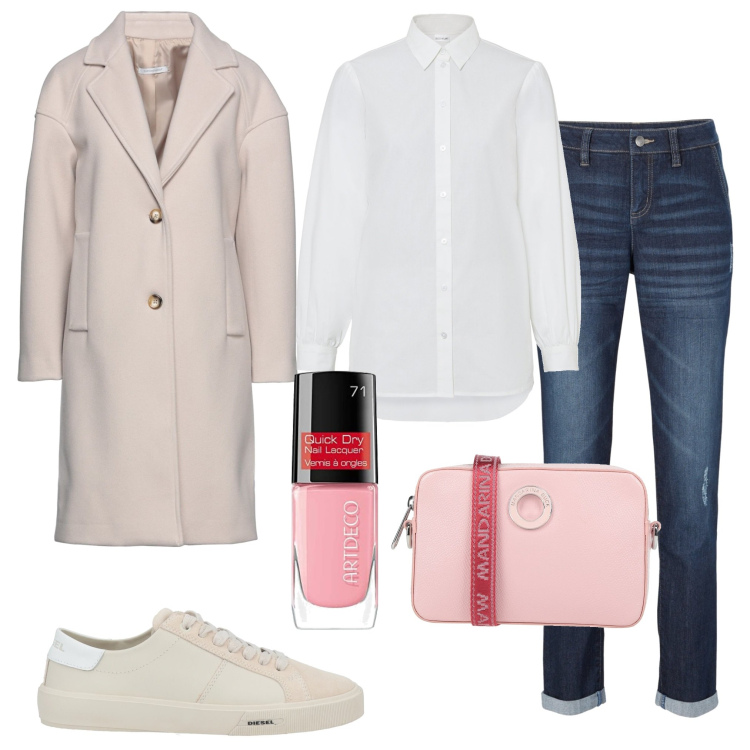 Outfit donna - Urban #9070. Stile Urban per Tutti i giorni. Abbinamento con jeans boyfriend, camicie, cappotti, borse a tracolla, sneakers, smalti.
