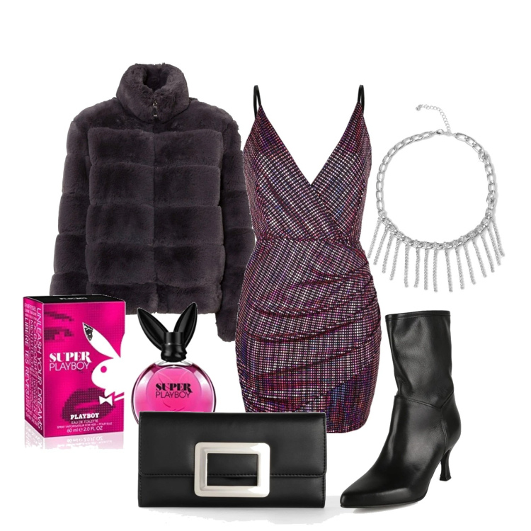 Outfit donna - Ghost outfitter - non sento il freddo. Stile Glamour per Serata fuori. Abbinamento con ecopellicce, portafogli, vestiti senza maniche, stivaletti, collane, profumi.