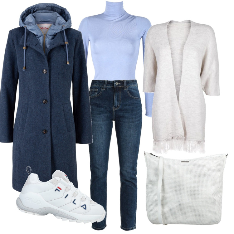 Outfit donna - Passeggiata all\'aria aperta. Stile Casual per Tutti i giorni. Abbinamento con cappotti, borse a tracolla, sneakers, cardigans, maglieria, jeans.