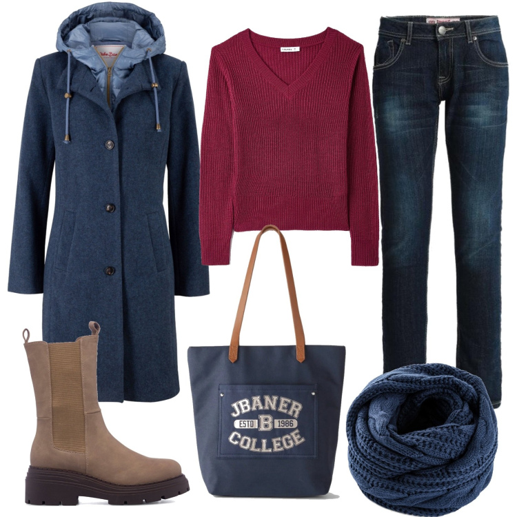 Outfit donna - Una passeggiata nel parco. Stile Basic per Tutti i giorni. Abbinamento con cappotti, foulard, shopping bag, maglieria, jeans slim fit, stivaletti.