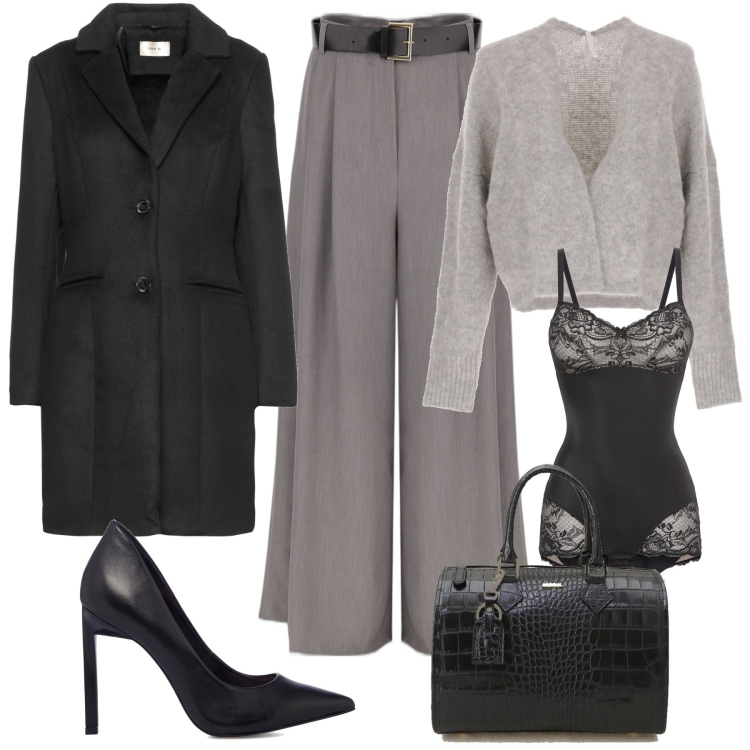 Outfit donna - Col body in pizzo. Stile Glamour per Ufficio. Abbinamento con body, cappotti, pantaloni a palazzo, cardigans, borse a mano, décolleté.