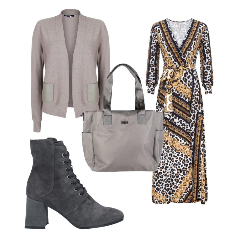 Outfit donna - Trendy #18641. Stile Trendy per Tutti i giorni. Abbinamento con stivaletti, vestiti chemisier, cardigans, borse a spalla.