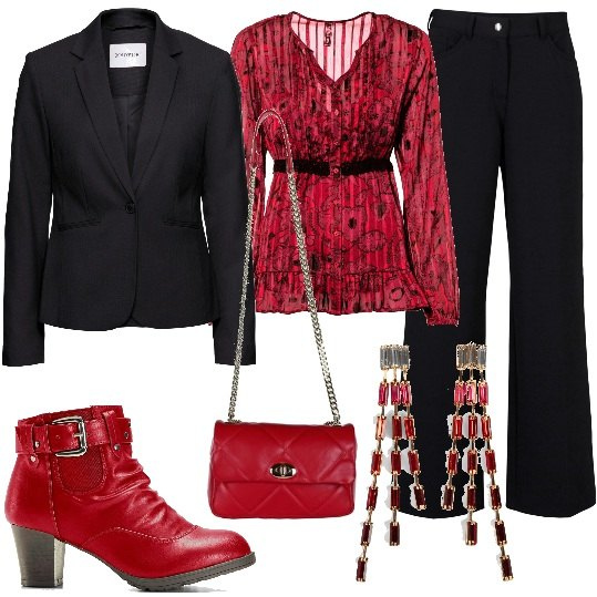 Outfit donna - Lavoro e Ufficio - Uno stile personale. Stile Casual chic per Tutti i giorni. Abbinamento con blazer, orecchini, camicie, pantaloni, stivaletti, borse a tracolla.