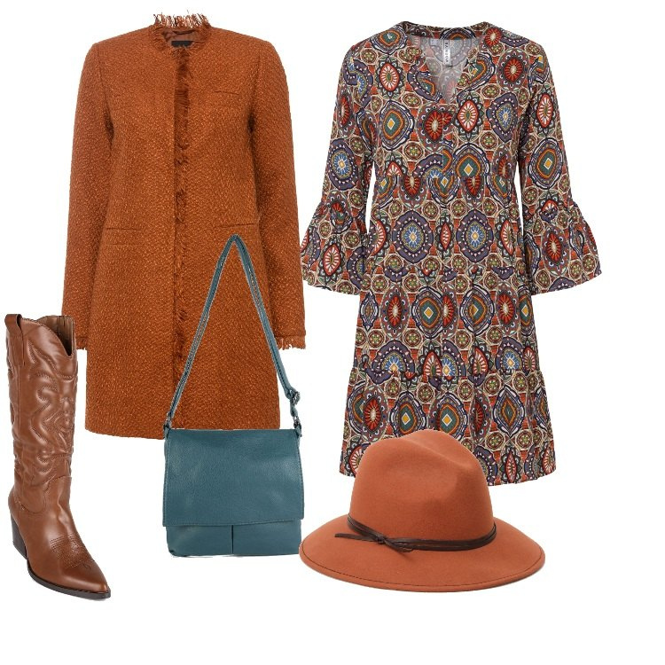 Outfit donna - Etnico chic in città. Stile Etnico per Tutti i giorni. Abbinamento con vestiti corti, trench, stivaletti texani, borse a tracolla, cappelli.