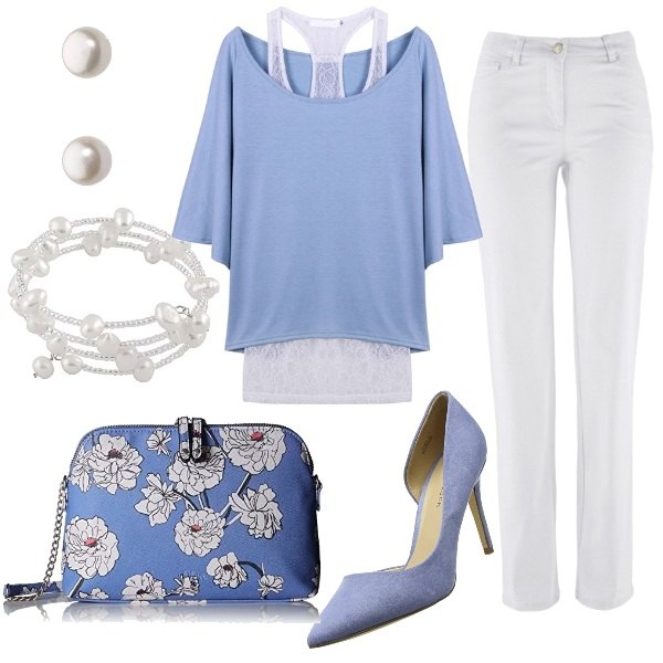Outfit donna - Soft color. Stile Bon Ton per Tutti i giorni. Abbinamento con pantaloni, maglia, scarpe col tacco blu, borsa a tracolla blu, orecchini a perno con perle farfallina effetto lucido argento.