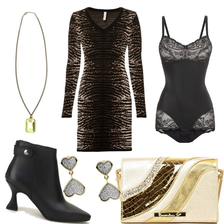 Outfit donna - Total look #1469181. Stile Chic per Serata fuori. Abbinamento con body, vestiti, stivaletti, borse a tracolla, ciondoli, orecchini.