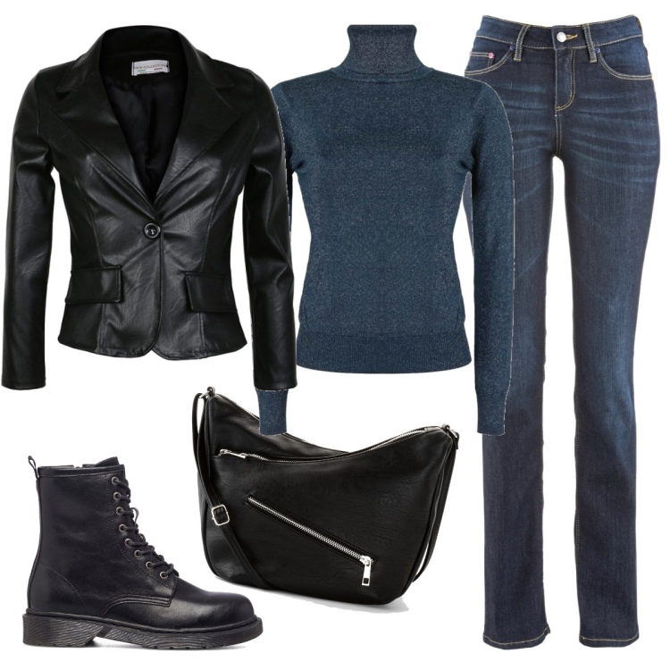 Outfit donna - Libera. Stile Urban per Tutti i giorni. Abbinamento con jeans dritti, borse a tracolla, pullovers, giacche, anfibi.