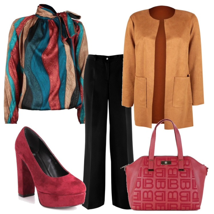 Outfit donna - Fantasia anni 70 coi tacchi alti. Stile 70s per Serata fuori. Abbinamento con pantaloni, bluse, borse a mano, décolleté, blazer.
