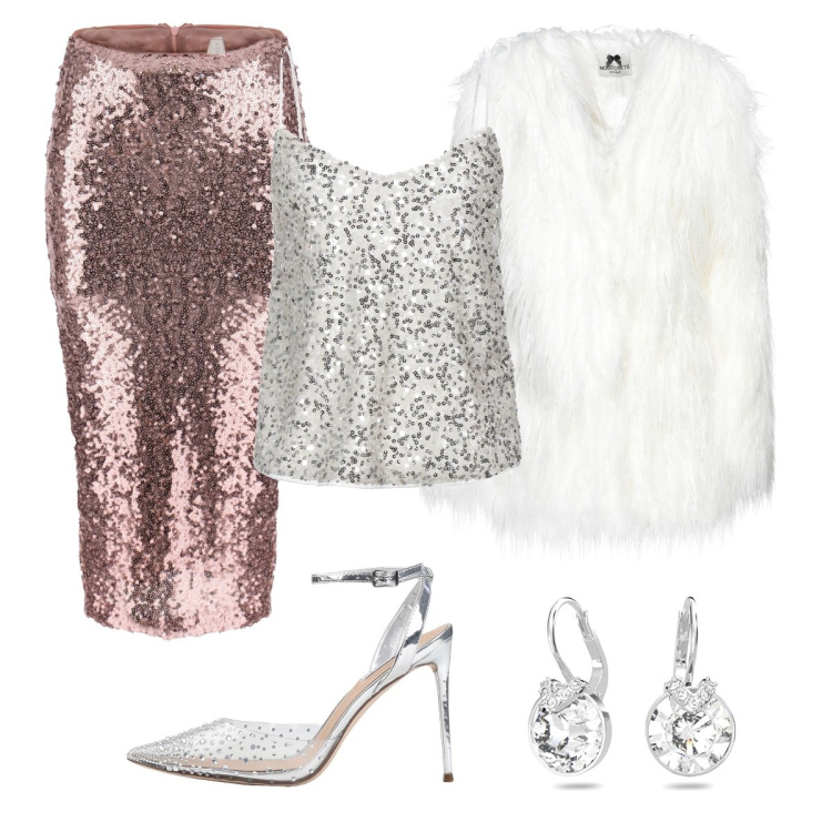 Outfit donna - Diva nella notte. Stile Chic per Serata fuori. Abbinamento con décolleté, cappotti, top, gonne longuette, orecchini.