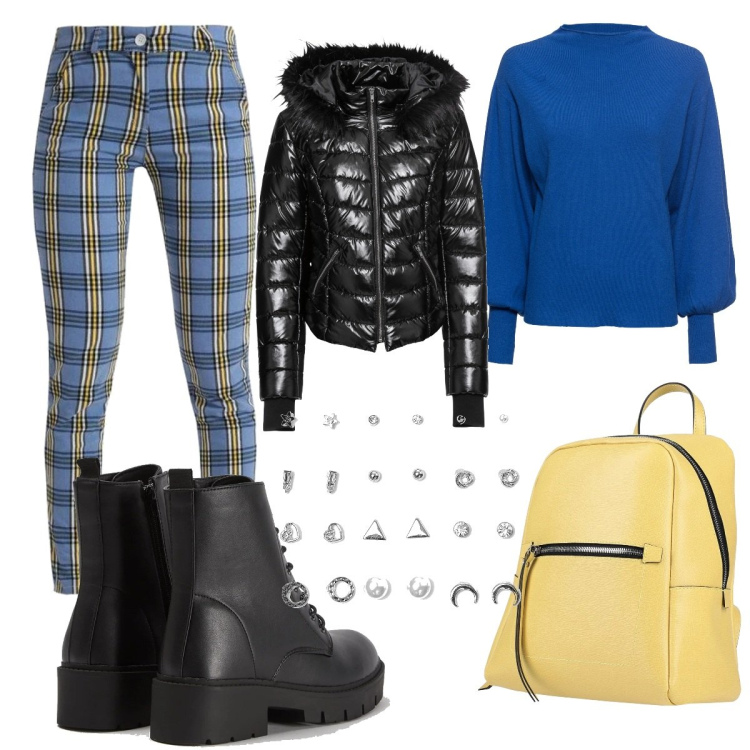 Outfit donna - Casual #19841. Stile Casual per Scuola/Università. Abbinamento con maglieria, cappotti, zaini, anfibi, pantaloni, orecchini.