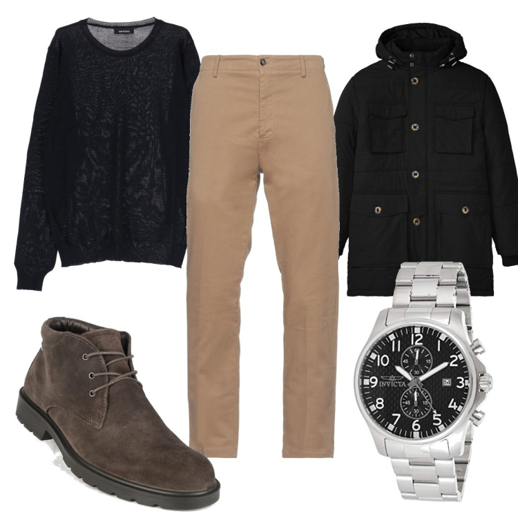 Outfit uomo - Trendy tutti i giorni. Stile Trendy per Tutti i giorni. Abbinamento con parka, pantaloni, stivali e stivaletti, maglieria, orologi.