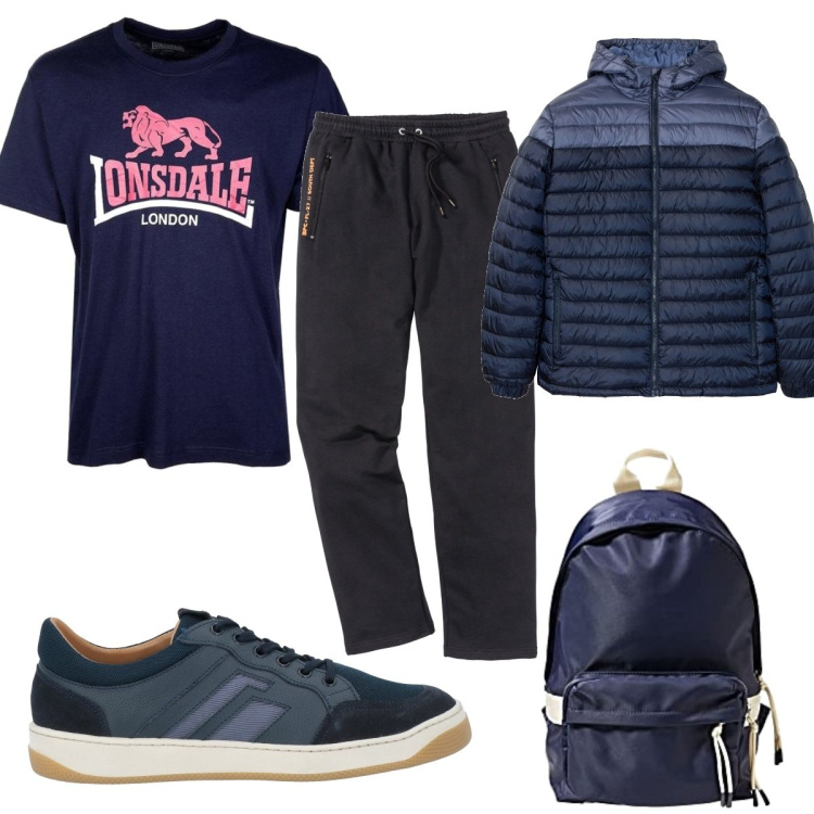 Outfit uomo - Sportivo in blu. Stile Trendy per Sport. Abbinamento con pantaloni, giacche, sneakers, t-shirt, borse sportive.