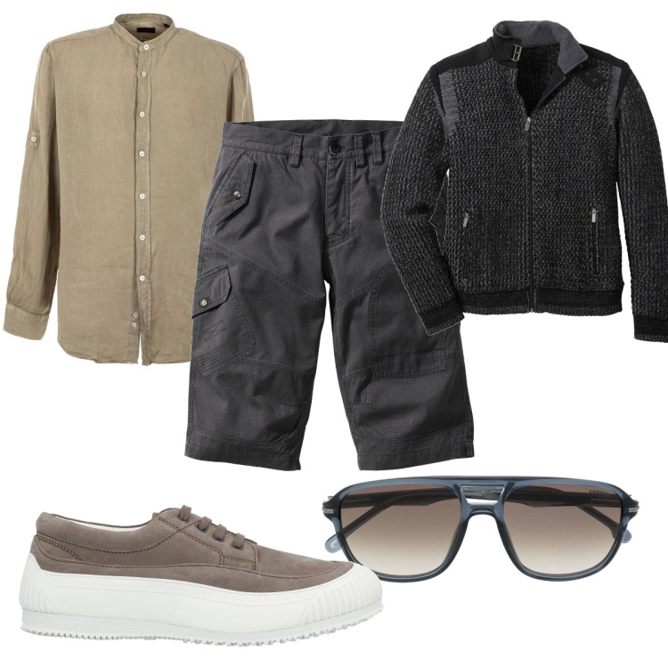 Outfit uomo - Passeggiata trendy. Stile Trendy per Tutti i giorni. Abbinamento con bermuda, cardigans, sneakers, camicie, occhiali da sole.