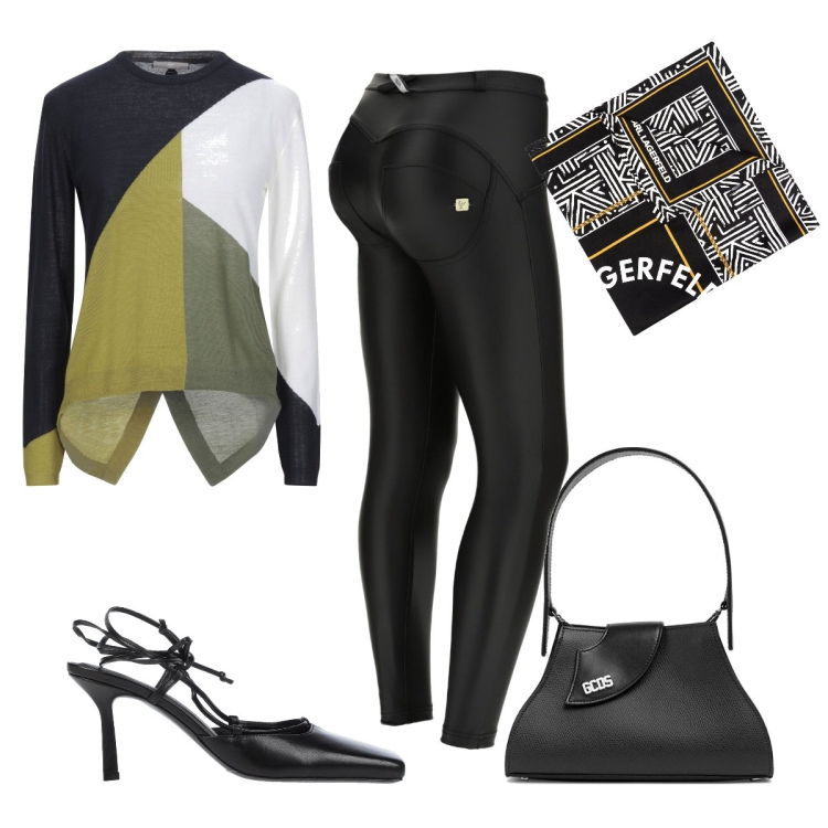 Outfit donna - Total look #1470001. Stile Casual chic per Tutti i giorni. Abbinamento con pullovers, décolleté, borse a mano, sciarpe, pantaloni skinny.