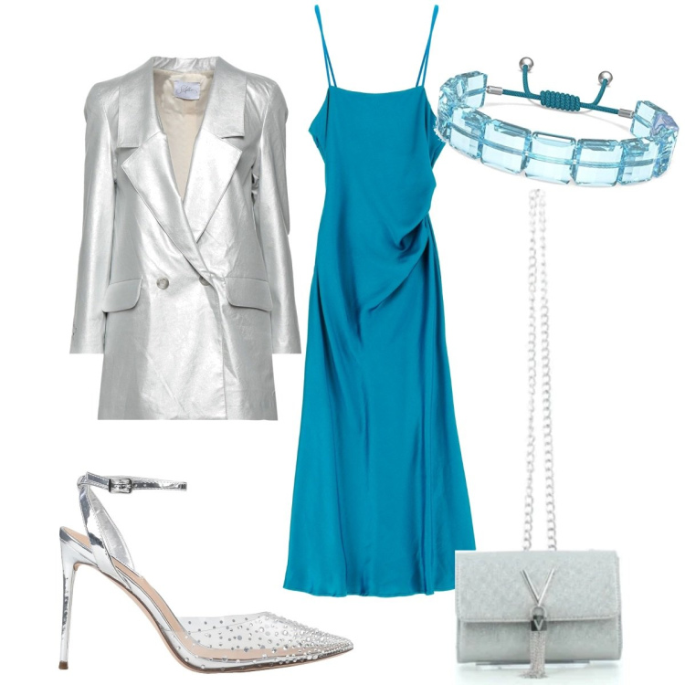 Outfit donna - Cerimonia d\'argento. Stile Chic per Cerimonia. Abbinamento con décolleté, blazer, vestiti lunghi, clutch, braccialetti.