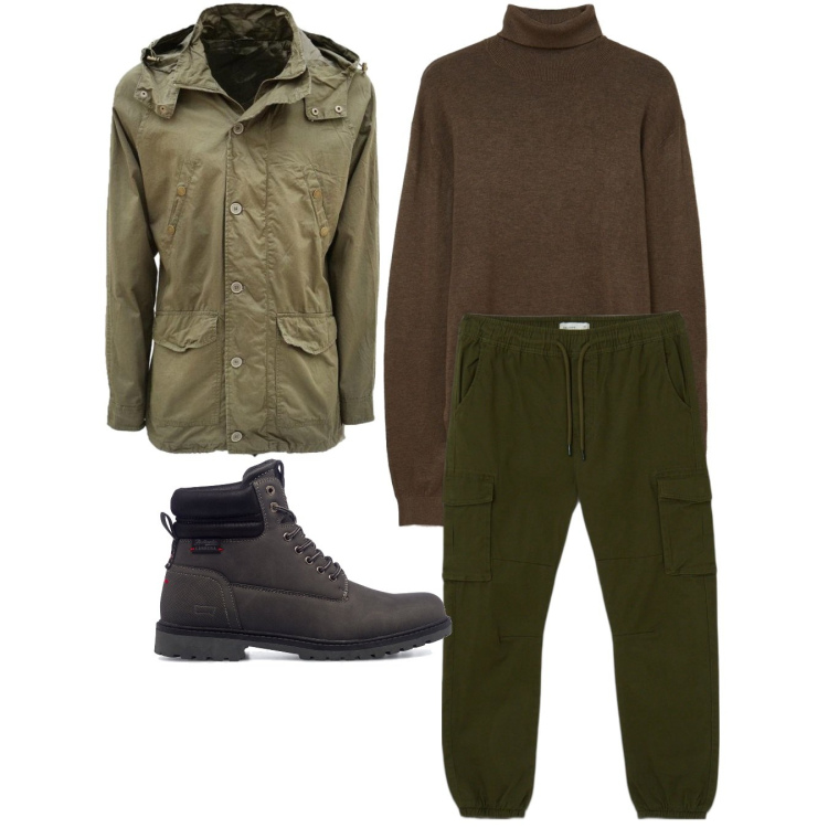 Outfit uomo - Casual. Stile Casual per Tutti i giorni. Abbinamento con parka, pantaloni cargo, pullovers, stivali e stivaletti.