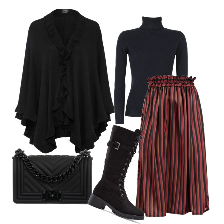 Outfit donna - Righe invernali. Stile Casual chic per Tutti i giorni. Abbinamento con stivali, cappotti, gonne lunghe, maglieria, borse a tracolla.