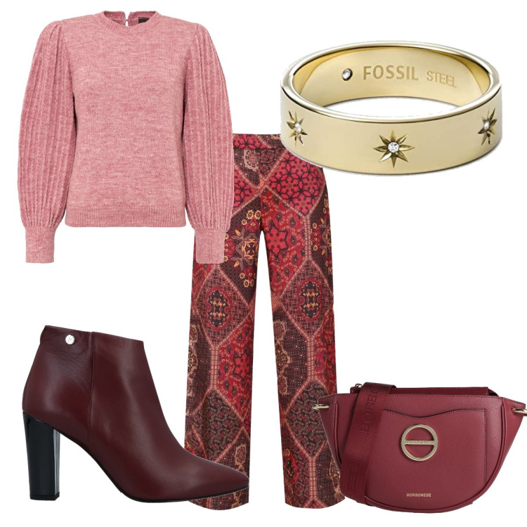 Outfit donna - Rosso Borgogna. Stile Casual chic per Serata fuori. Abbinamento con maglieria, stivaletti, borse a tracolla, pantaloni, anelli.