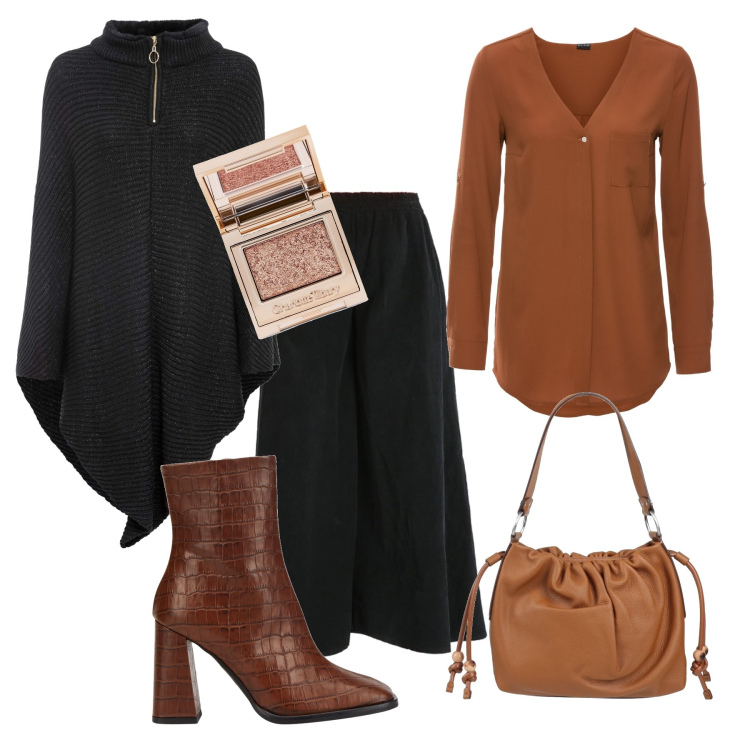 Outfit donna - In ufficio con la mantella. Stile Casual per Ufficio. Abbinamento con camicie, cappotti, stivaletti, borse a mano, pantaloni, ombretti.