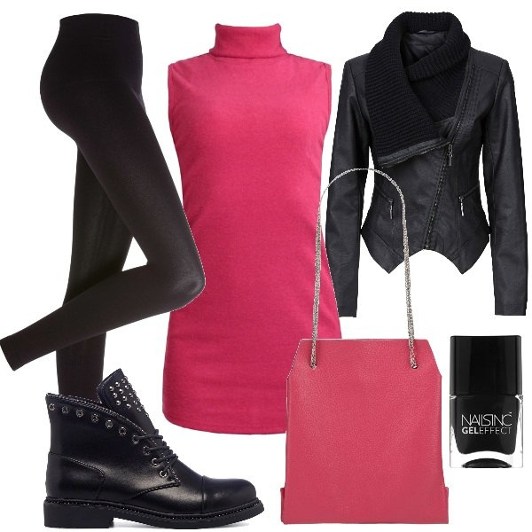 Outfit donna - Rock in fucsia (low cost). Stile Rock per Tutti i giorni. Abbinamento con blazer, leggings, borse a mano, vestiti senza maniche, anfibi, smalti.