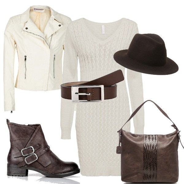 Outfit donna - L\'abito in maglia. Stile Casual per Tutti i giorni. Abbinamento con vestiti, stivaletti, giacche, cappelli, borse a spalla, cinture.