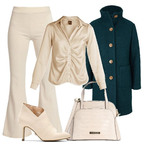 Outfit donna - Trendy in panna e ottanio. Stile Trendy per Ufficio. Abbinamento con cappotti, stivaletti, borse a tracolla, pantaloni, camicie.